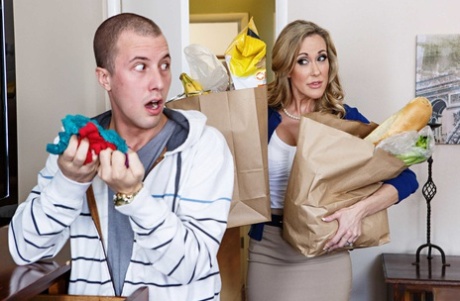 Busty mom Brandi Love catches her stepson sniffing her panties and fucks him