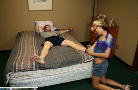 Blonde amateur swinger moms share a young tasty dick orally on a bed